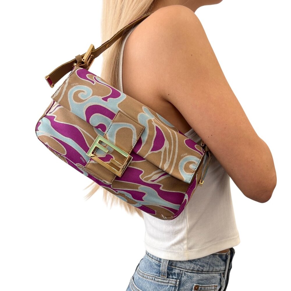 FENDI Vintage FF Logo Marble Mamma Baguette Shoulder Bag Silk Beige  [105835]